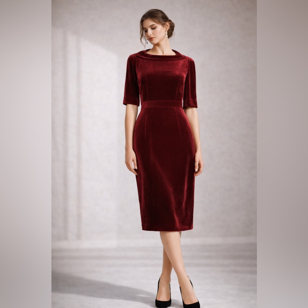 Boden Burgundy Velvet Sheath Midi Dress 4L Rolled Collar Cocktail Party